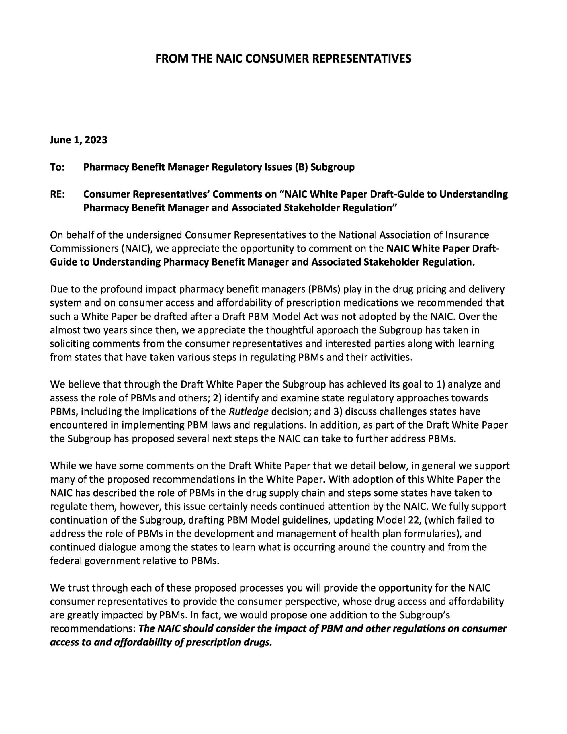 Comment.Ltr_Consumer-Representatives-Comments-on-NAIC-White-Paper-Draft-Guide-to-Understanding-PBM-and-Assoc-Stakeholder-Regs_06.2023